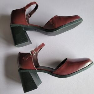 Seychelles Burgundy Ankle Straps Square Toe Hight Block Heel Pump Shoes Size 9.5